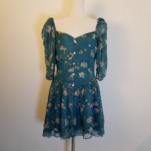 Caroline Constas Quinn Dress Silk Chiffon Floral Teal Blue Mini Dress